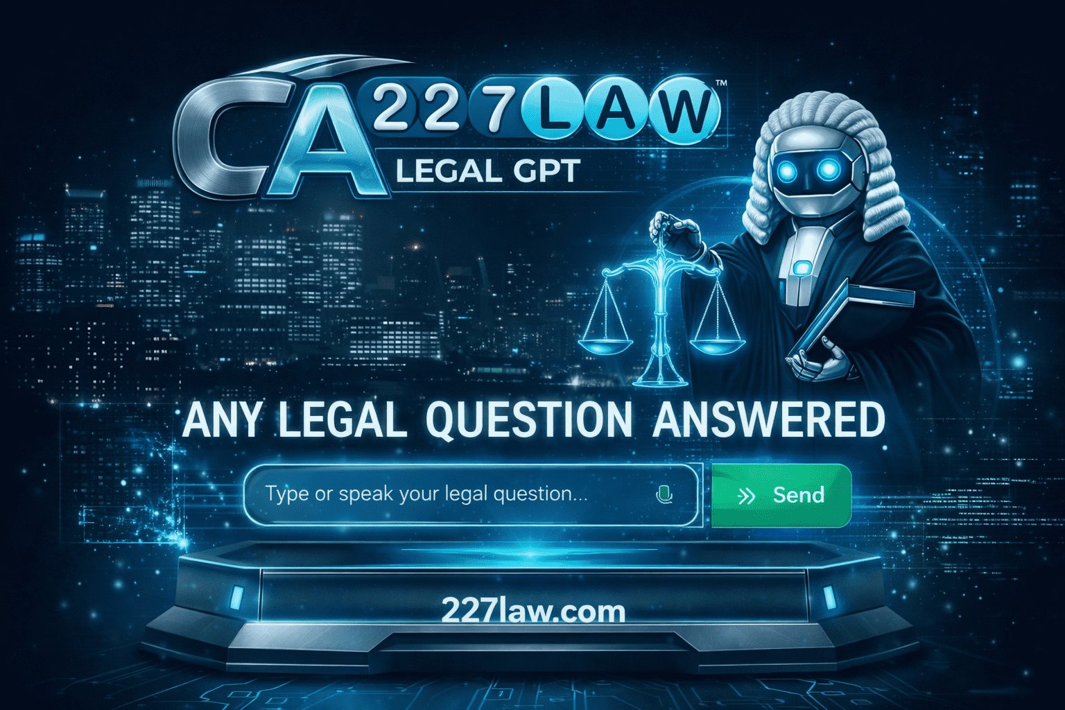 227LAW service card showing CA 227LAW legal GPT branding with AI legal question answering interface and legal robot artwork