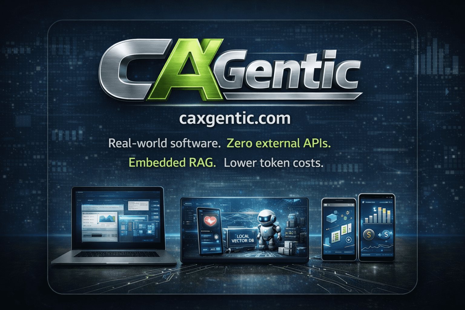 CAXGENTIC service card showing agentic AI software screens, real-world software and embedded RAG platform messaging