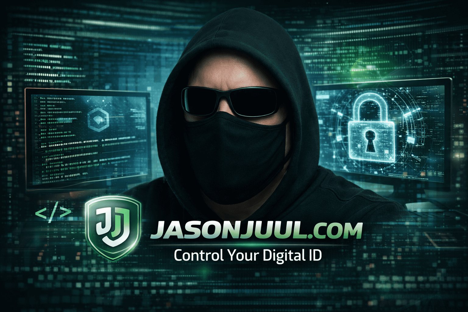JasonJuul.com service card showing digital identity control, privacy lock screens and JJ shield branding