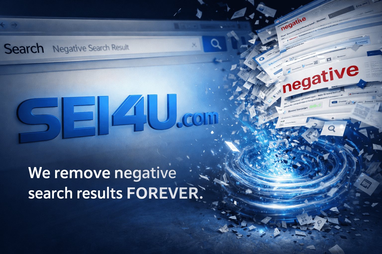 SEI4U service card showing search result cleanup imagery and negative search result removal message